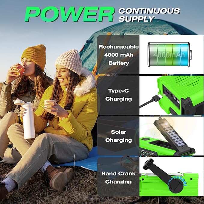 Emergency Radio, Multifunction Solar Charger Hand Crank NOAA Weather AM/FM Radio 4000mAh with USB Charged, Reading Lamp, Flashlight, SOS Alarm, Headphone Jack for Emergencies, 2 Pack