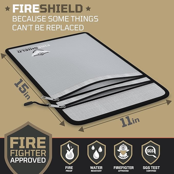 FIRESHIELD PRO Upgraded 2000°F Fireproof Document Bag w/ Dual Pockets – Fire & Waterproof Money Pouch for Cash – Safe Storage for Family Photos, Jewelry, Passport & Important Documents – 15" x 11"