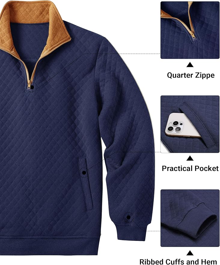 COOFANDY Mens Quarter Zip Pullover Quilted Sweatshirt Knit Long Sleeve Mock Neck Sweater Polo with Pocket