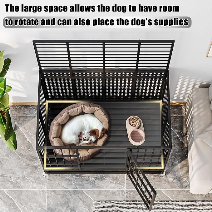 LEMBERI 48/42 inch Indestructible Heavy Duty Dog Crate with Cushion, High Anxiety Extra Large Dog Cage for Large Dogs, XL Steel Escape Proof Dog Kennel with Locking Wheels