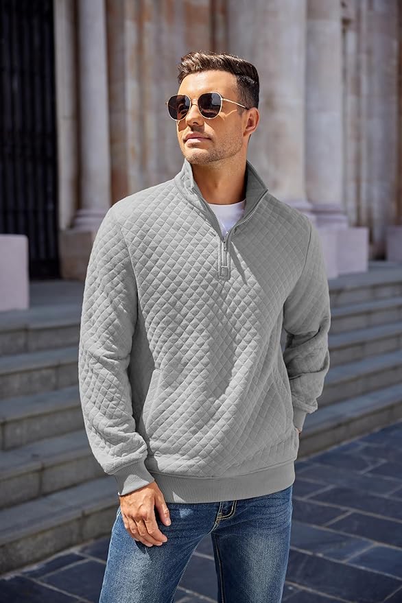 COOFANDY Mens Quarter Zip Pullover Quilted Sweatshirt Knit Long Sleeve Mock Neck Sweater Polo with Pocket