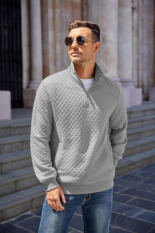 COOFANDY Mens Quarter Zip Pullover Quilted Sweatshirt Knit Long Sleeve Mock Neck Sweater Polo with Pocket