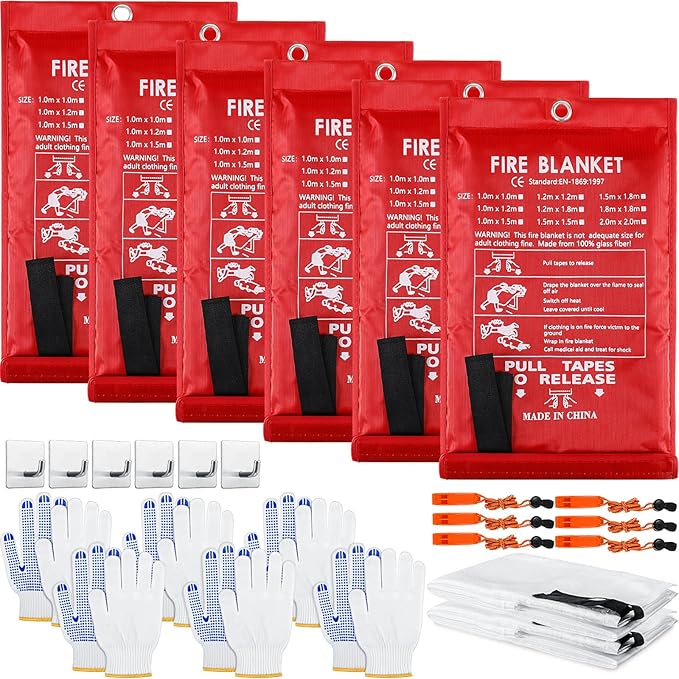 6 Sets Emergency Fire Blanket for Home Fire Suppression Thermal Blankets with Emergency Whistles, Hooks and Gloves for Kitchen, Fireplace, Car, Office, 39.3" x 39.3"
