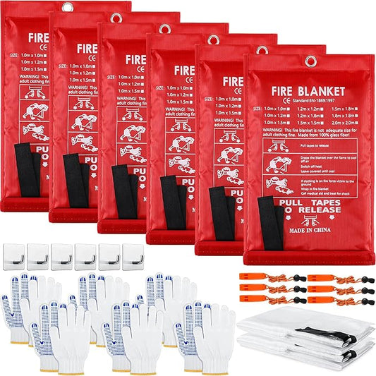 6 Sets Emergency Fire Blanket for Home Fire Suppression Thermal Blankets with Emergency Whistles, Hooks and Gloves for Kitchen, Fireplace, Car, Office, 39.3" x 39.3"
