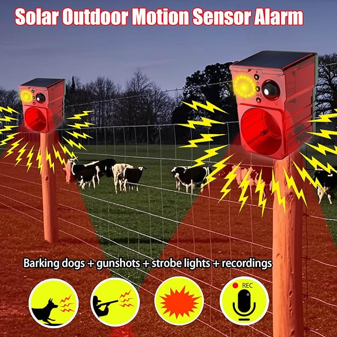 Solar Outdoor-Indoor Motion Sensor Alarm - Loud Noise Maker, Detector Strobe Lights with Alarm Sound and Barking and Gunshot Sound, Featuring Remote Control, Ideal for Homes, Cottages, and Farms.