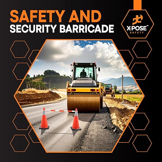 Retractable Barrier for Safety Traffic Cones - 2" OD - Large Yellow and Black Bar Barricade - for Road Construction, Parking, Warning, Temporary Security Divider (360, Orange & White, 53" x 84")
