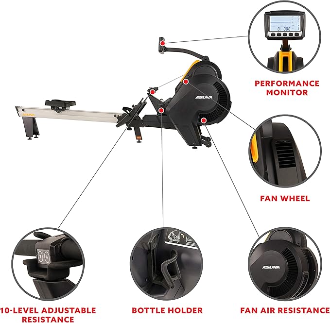 Sunny Health & Fitness Premium Smart Air & Magnetic Resistance Rowing Machine, Foldable Long Silding Rail Exercise Rower for Home Training, Optional Free SunnyFit App Connection