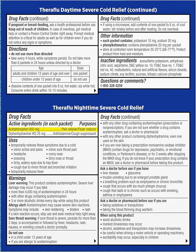 Theraflu Combo Daytime and Nighttime Severe Cold Relief Honey Lemon Flavor Powder and Daytime Severe Cold Relief Berry Burst Flavor Powder, 6 Day + 6 Nighttime, and 6 Berry Burst Packets