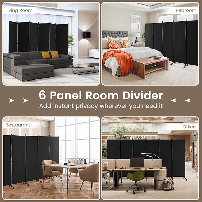 Giantex 6 Panel Room Divider, 132''W x 68''H Large Folding Privacy Screen, Rolling Partition Room Dividers for Home Office Studio Separation, Freestanding Fabric Wall Divider Screen on Wheels, Black