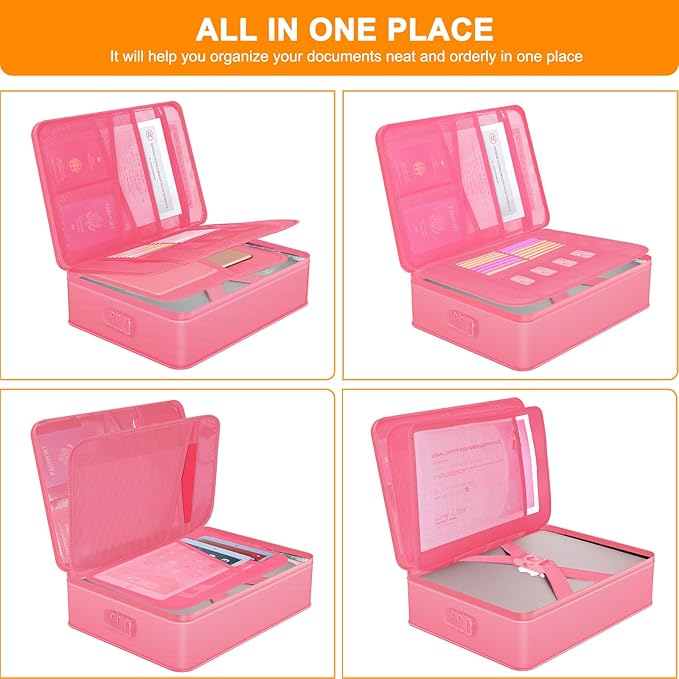 Document Organizer with 5200℉ Heat Insulated, 16.1"x11.4"x4.3" Waterproof and Fireproof Document Box with Lock, Home Strong Fireproof Safe Storage Box for Legal Size Documents and File，Pink
