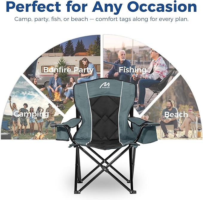 Oversized Padded Camping Chair, Heavy-Duty Steel Frame for 450 lbs Supports, Convenient 6-Can Cooler, Portable Carry Bag, Perfect for Outdoor, Beach, and Hiking (Gray & Black)