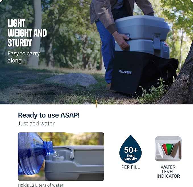 Alpcour Portable Toilet – Compact Indoor & Outdoor Commode w/Travel Bag for Camping, RV, Boat – Piston Pump Flush, Built-in Pour Spout & Washing Sprayer for Easy Cleaning