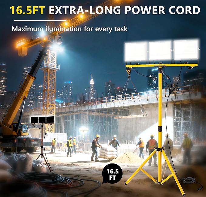 45000 Lumen LED Work Lights with Stand - 3 Head Portable Work Light with Tripod - IP65 Waterproof Tripod Work Lights for Outdoor Indoor Job Site Workshop Garage Construction Site Lighting