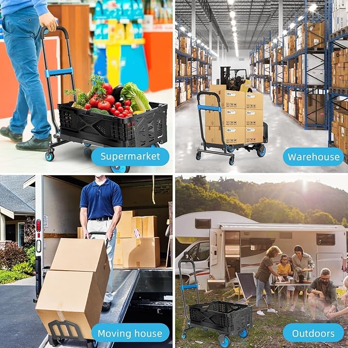 Folding Hand Truck, 330 lbs Max Capacity Portable Hand Cart, 2-in-1 Heavy Duty Foldable Dolly Cart with Adjustable Retractable Handle for Luggage, Moving, Shopping, Office,Travel Use