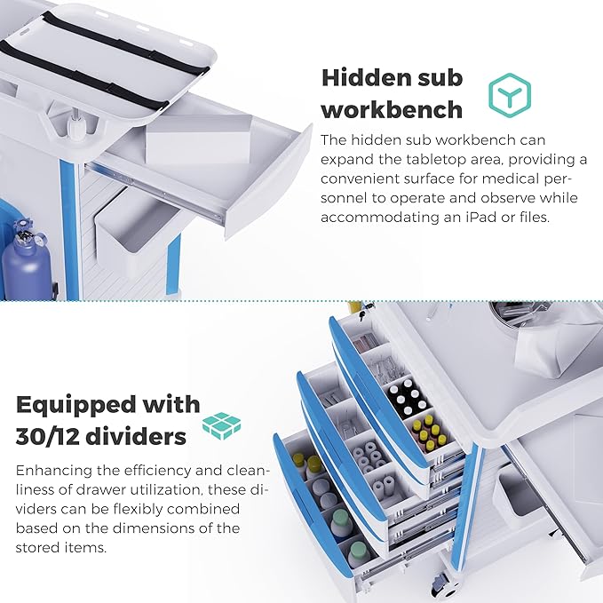 Adjustable Rolling Medical Storage Crash Cart - Includes Silent Casters, IV Pole, Needle Disposal Holder, Trash Bin & O2 Holder - Ideal Nursing Trolley for Clinics, Hospitals