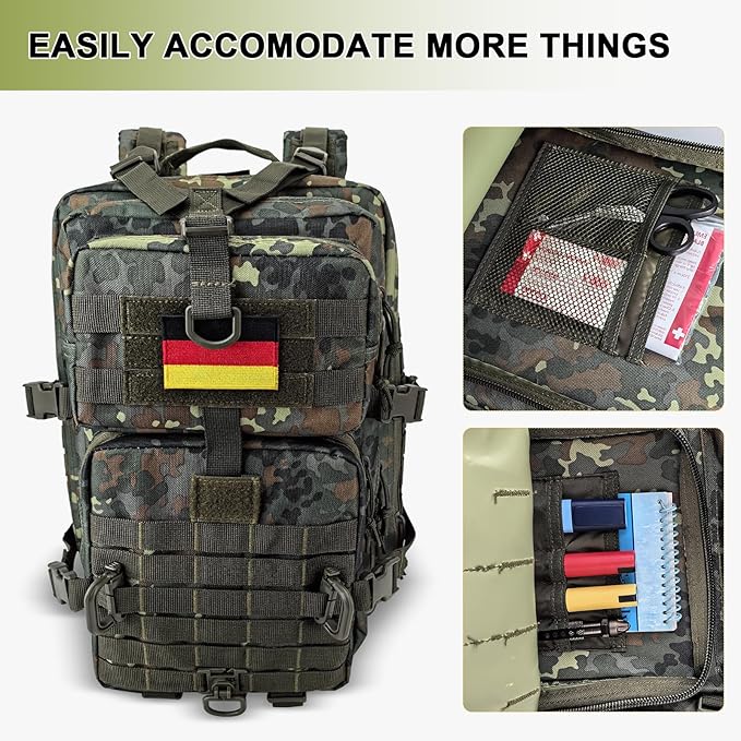 MOLLE Assault Backpack, Tactical Backpack Military Army Camping Rucksack, 3-Day Pack Trip w/USA Flag Patch, D-Rings, Flecktarn