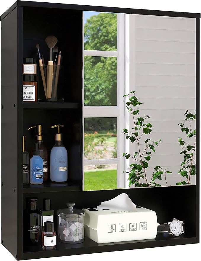 SMIBUY Bathroom Mirror Cabinet Wall Mounted, Bamboo Space Saver Medicine Cabinet, Wall Hanging Over Toilet Storage Cabinet with Mirror Door and Adjustable Shelf (Black)