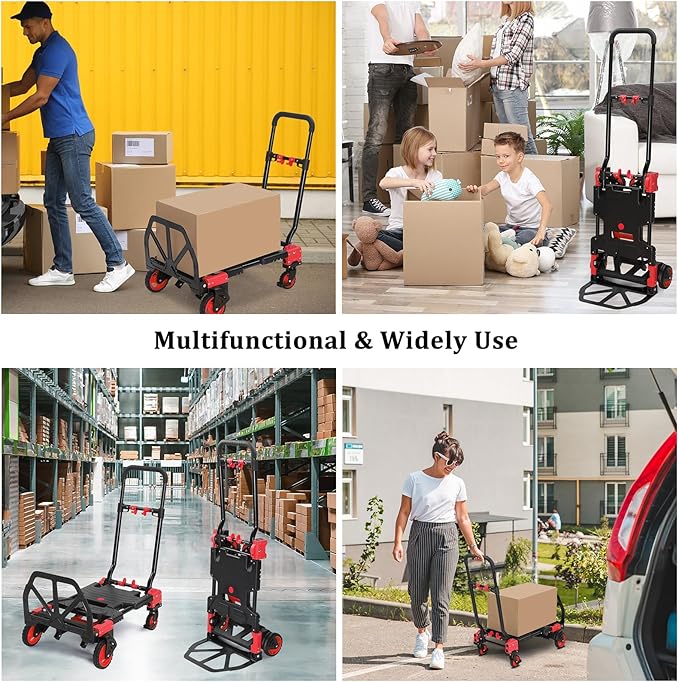 TUFFIOM Folding Hand Truck, Dolly Cart 330 lbs Capacity 2-in-1, Foldable Hand Truck with Retractable Handle and 4 Rubber Wheels, Hand Cart Dolly for Shoping, Office, Travel, Moving