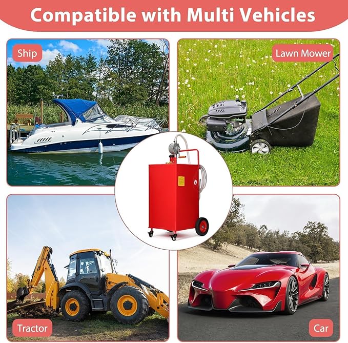 35 Gallon Fuel Caddy with Manual Pump, Heavy Duty Portable Gas & Diesel Transfer Tank on 4 Wheels, Spill-Proof Container for Truck, Tractor, Boat, ATV, Farm,Orange