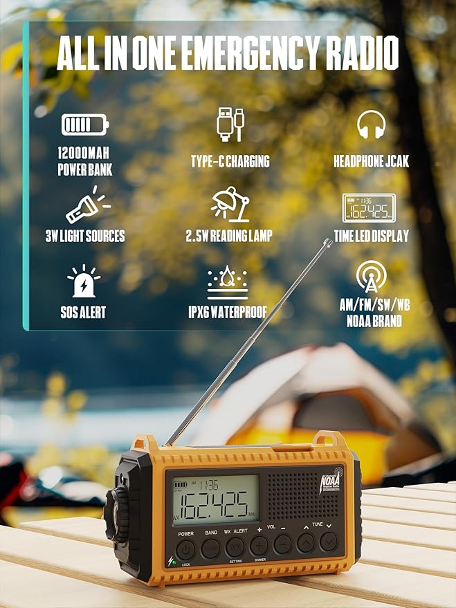 12000mAh/44400mWh Emergency Radio- NOAA Weather Alert Radio with Auto-Scan & SOS Alarm, Solar Hand Crank 6-Way Power, Flashlight, Reading Lamp for Outdoor, Hiking, Emergencies