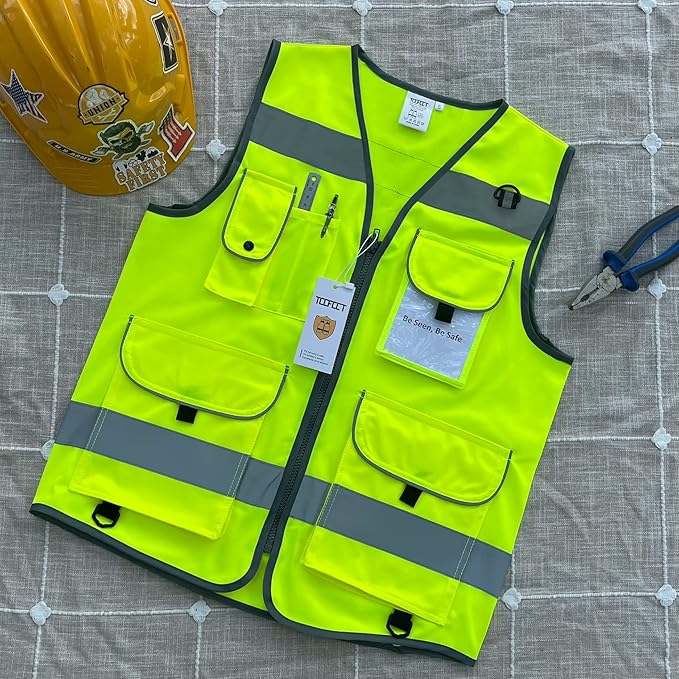 TCCFCCT High Visibility Safety Vest for Men Women 9 Pockets Hi Vis Reflective Vest for Safety, Work Vest with Reflective Strips, Meets ANSI/ISEA Standards, (Yellow, 5X-Large)