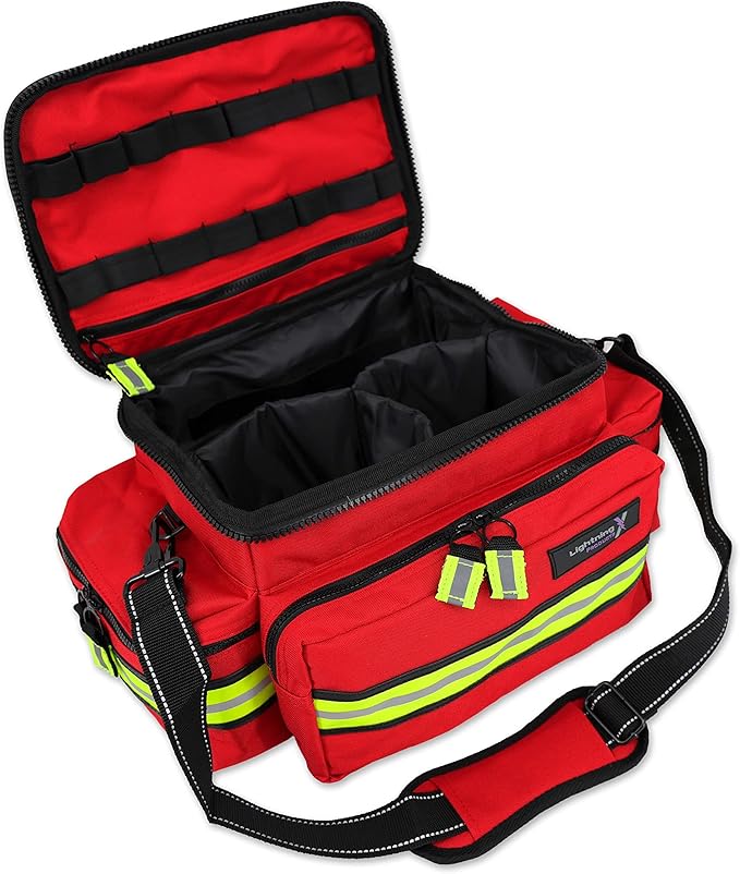 Lightning X Medium First Responder EMT Bag | LXMB25 | w/Reflective, Shoulder Strap & Zippered Compartments for First Aid + Trauma Supplies - RED