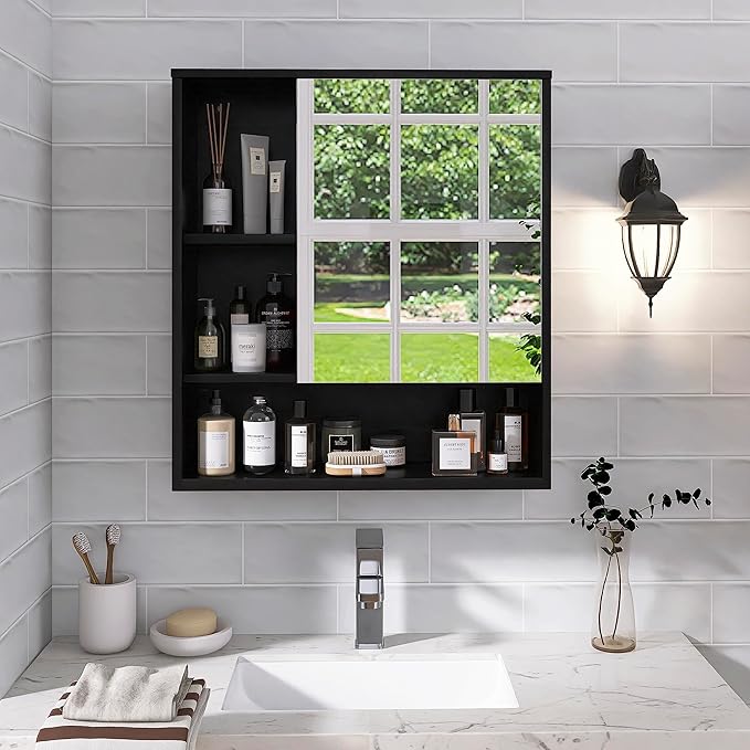 SMIBUY Bathroom Mirror Cabinet Wall Mounted, Bamboo Space Saver Medicine Cabinet, Wall Hanging Over Toilet Storage Cabinet with Mirror Door and Adjustable Shelf (Black)