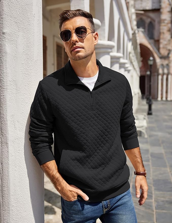 COOFANDY Mens Quarter Zip Pullover Quilted Sweatshirt Knit Long Sleeve Mock Neck Sweater Polo with Pocket