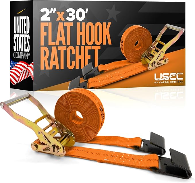 US Cargo Control Flat Hook Ratchet Strap 2 Inch X 30 Foot, 10,000 LBS Break Strength, Orange Heavy Duty Ratchet Straps with Black Flat Hooks, Tie Downs for Flatbed Trailer