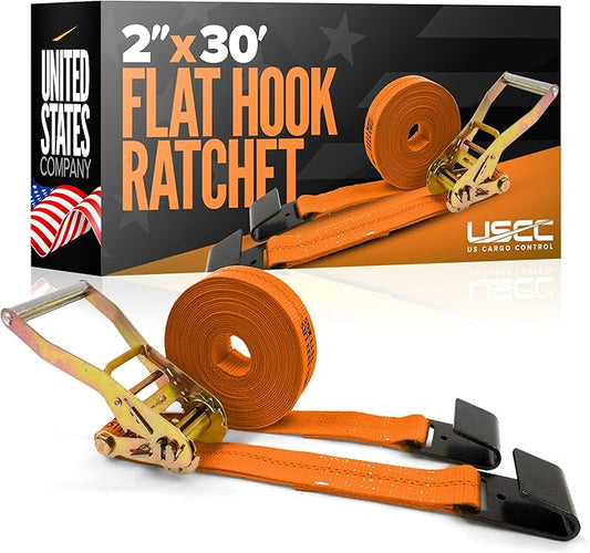 US Cargo Control Flat Hook Ratchet Strap 2 Inch X 30 Foot, 10,000 LBS Break Strength, Orange Heavy Duty Ratchet Straps with Black Flat Hooks, Tie Downs for Flatbed Trailer