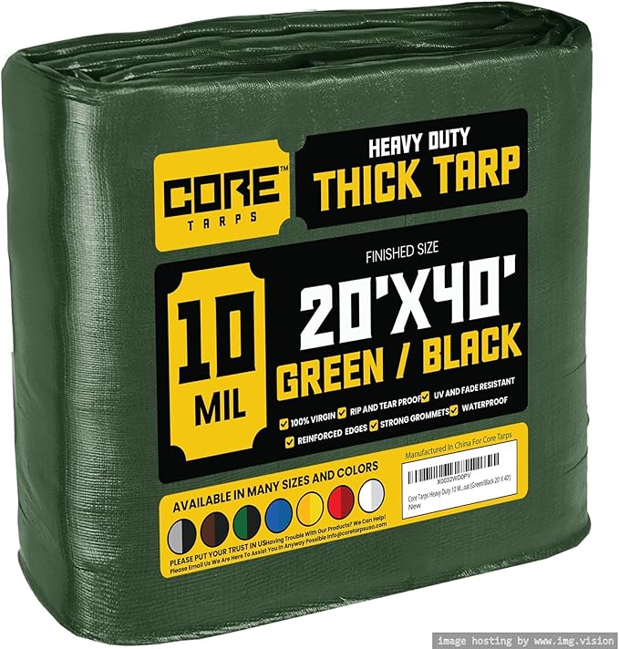 Core Tarps Heavy Duty 10 Mil Tarp Cover, Waterproof, UV Resistant, Rip and Tear Proof, Poly Tarpaulin with Reinforced Edges for Roof, Camping, Patio, Pool, Boat (Green/Black 20′ X 40′)