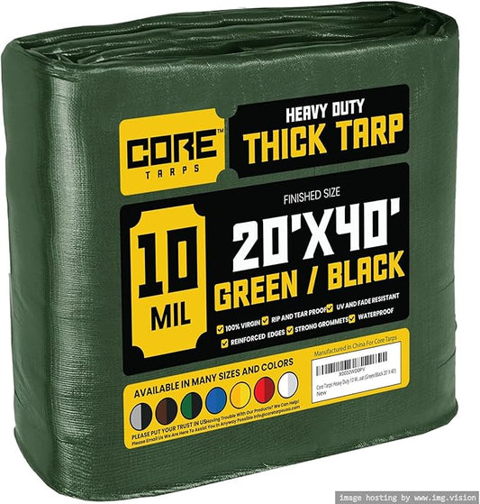 Core Tarps Heavy Duty 10 Mil Tarp Cover, Waterproof, UV Resistant, Rip and Tear Proof, Poly Tarpaulin with Reinforced Edges for Roof, Camping, Patio, Pool, Boat (Green/Black 20′ X 40′)