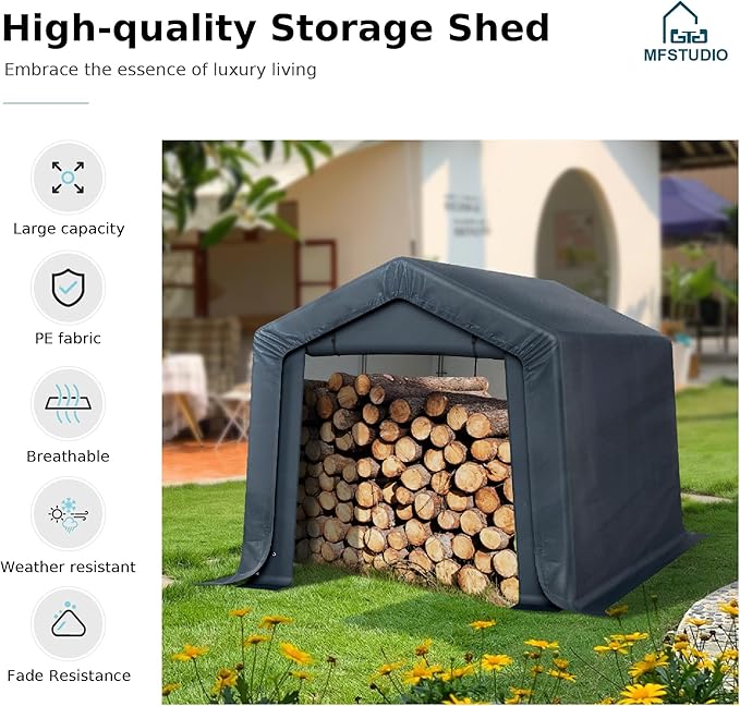 MFSTUDIO 8x12 Storage Sheds, Outdoor Shades Portable Storage Shelter Garage with Rolled up Zipper Doors, Heavy Duty Garages Carport Tent for Motorcycle, Bicycles and Outdoor Tools