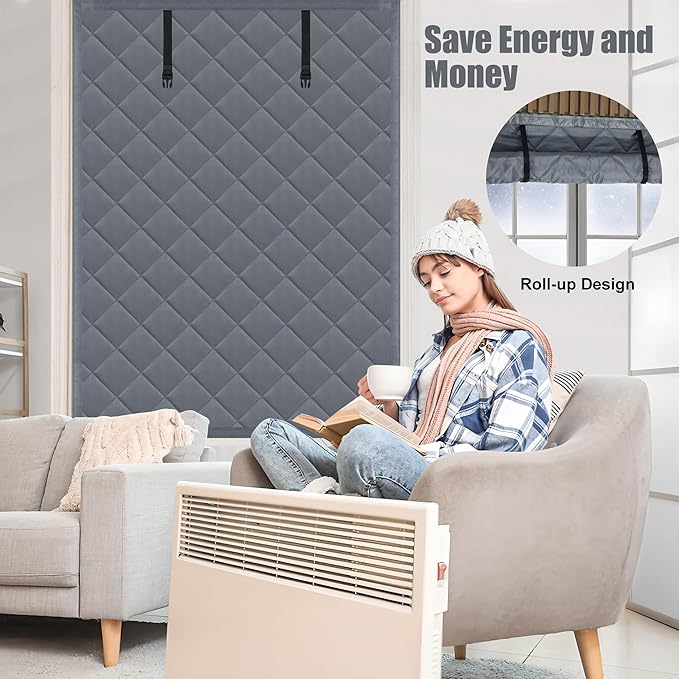 Winter Insulated Window Cover 39in x 63in Thermal Insulated Window Cover 3 Layer Oxford Cloth Cotton Windows Blanket Heavy Duty Windows Insulation Kit for Winter to Keep Warm, Gray