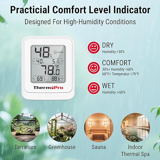 ThermoPro TP150 Greenhouse Thermometer Hygrometer, IPX5 High-Humidity Resistant Temperature and Humidity Monitor, High/Low Records Humidity Meter for Indoor Grow Tents, Basement, Reptile Terrarium