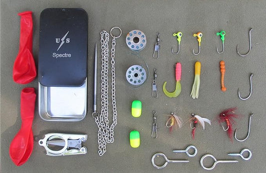 US Spectre Compact Survival Fishing Kit with Rod Making System, 24 Piece Set, 15lb Test Line, Hooks, Jigs, Flies, 3x2 Inch Tin