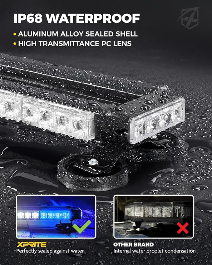 Xprite White Blue Rooftop Emergency Strobe Light Bar, Beacon Safety Flashing Police Lights w/Magnetic Base for Police Law Enforcement POV Vehicles Trucks