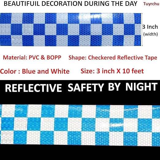 Blue and White Reflective Tape Outdoor Waterproof 3 inch X 10 feet, High Visibility Hazard Conspicuity Safety Industrial Marking Tape