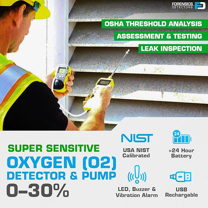 FORENSICS DETECTORS FD - OXYGEN O2 Detector Analyzer + PUMP with Probe by FORENSICS - USA NIST Calibrated - USB Recharge - Sound, Light and Vibration Alarms - 0-30% O2 -