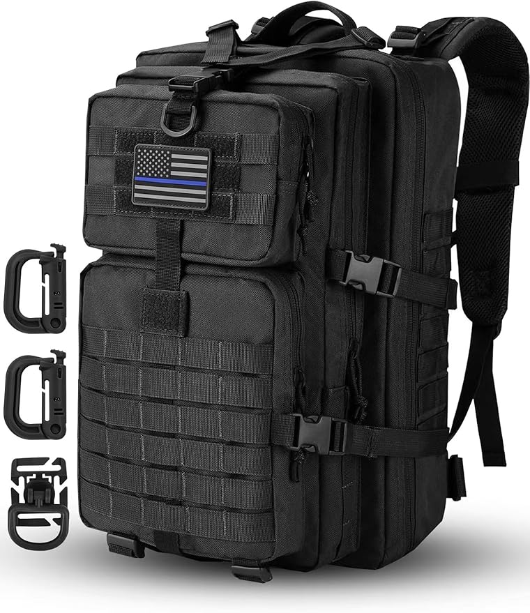 MOLLE Assault Backpack, Tactical Backpack Military Army Camping Rucksack, 3-Day Pack Trip w/USA Flag Patch, D-Rings, Black