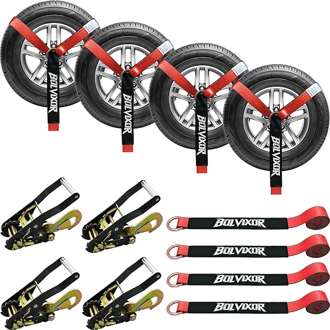 4 Pack Car Tie Down Straps for Trailers - 2" x 96" - 9900LBS Break Strength - Tire Ratchet Strap with Snap Hooks - Adjustable Wheel Straps for Hauling UTV, SUV, Truck, Any Cars