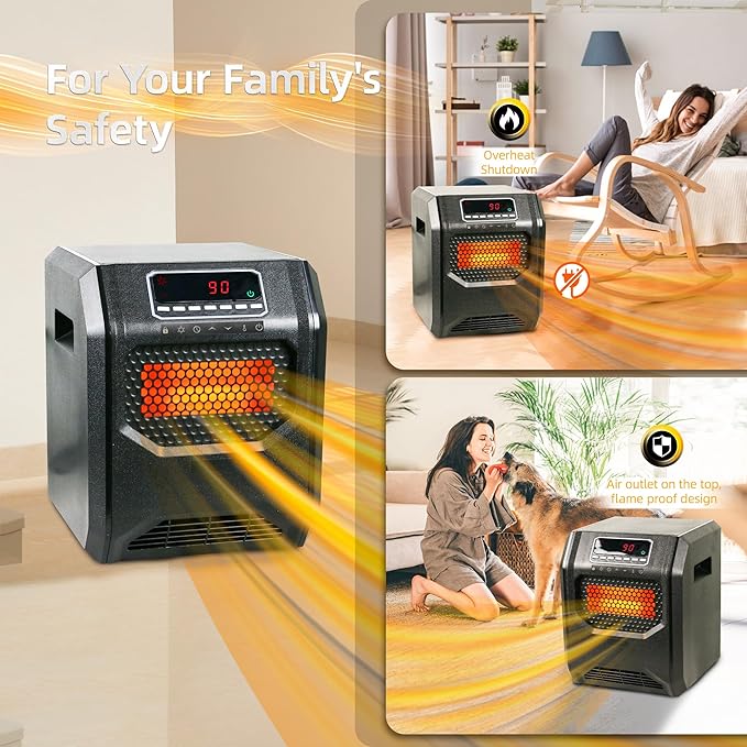 Quartz Space Heater for Indoor Use RealSmart 1500W Electric Heater Remote Control Infrared Heater Office Large Room 3 Heating Modes LED Display Overheat Tip Over Protection