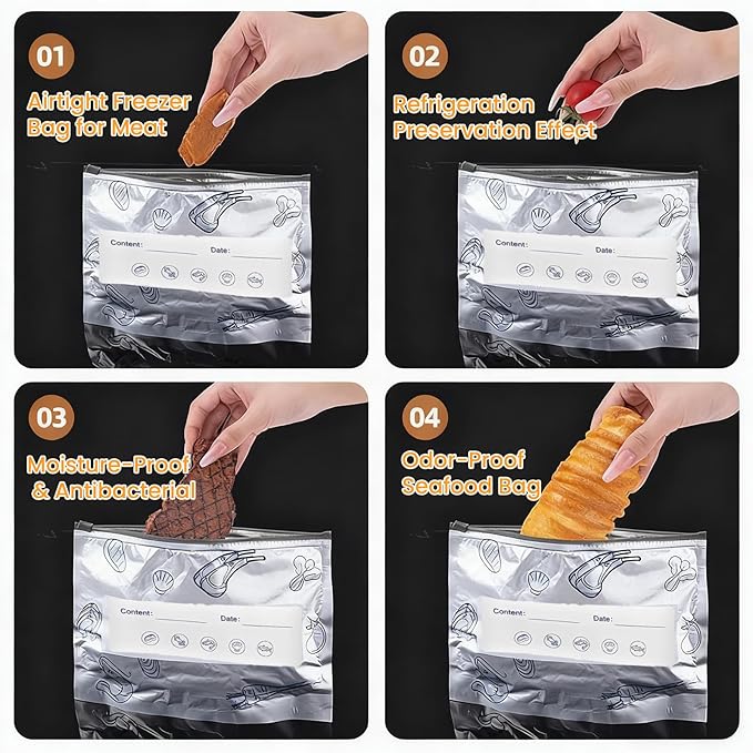 30Pcs Reusable Aluminum Foil Sealable Storage Bags, Thicken Stand Up Foil Sealable Bags with Label and Zip Lock, Aluminum Foil Bags for Food, Vegetable Fruit Meat (10*S+10*M+10*L)
