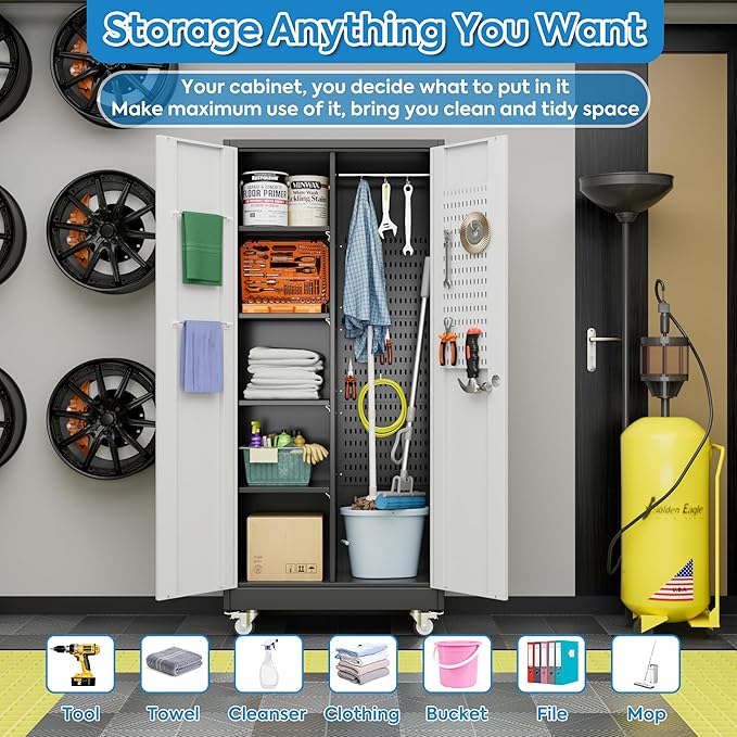 SUXXAN Broom Closet Storage Cabinet with Wheels 71.4"x 31.5"x15.7", Metal Cleaning Cabinets with Hooks and Hanging Rods, Lockable Cabinet with Pegboard, Adjustable Shelf(Black/White)