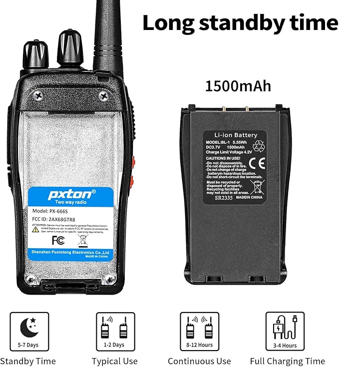 pxton 666S walkie talkies Long Range Rechargeable for Adults with Headphones and Li-ion Battery,2 Way radios has VOX/Noise Reduction/TOT/Flashlight/Monitoring/Scan Function（4 Pack）