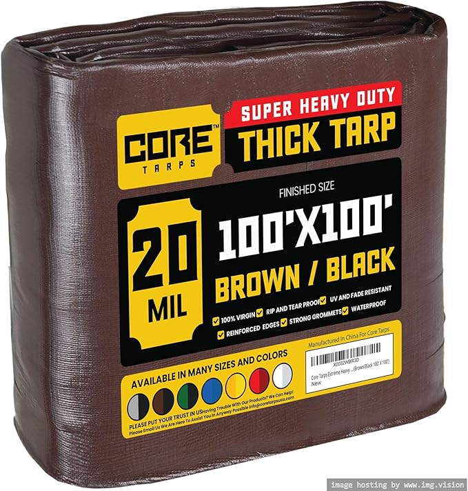 Core Tarps Extreme Heavy Duty 20 Mil Tarp Cover, Waterproof, UV Resistant, Rip and Tear Proof, Poly Tarpaulin with Reinforced Edges for Roof, Camping, Patio, Pool, Boat (Brown/Black 100′ X 100′)