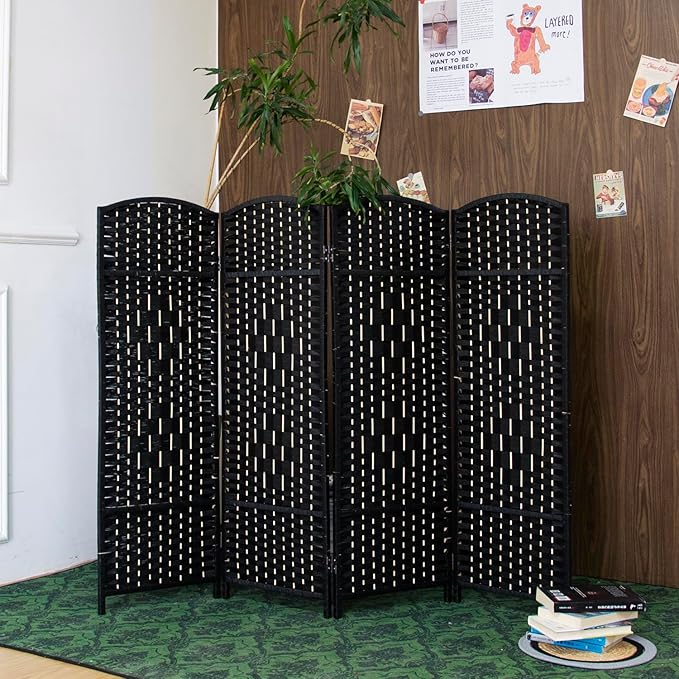 4 Panel Rattan Divider Short Room Partition Screen,Double Sided Folding Divider for Room Separation,Black,47.2" H x 63" W