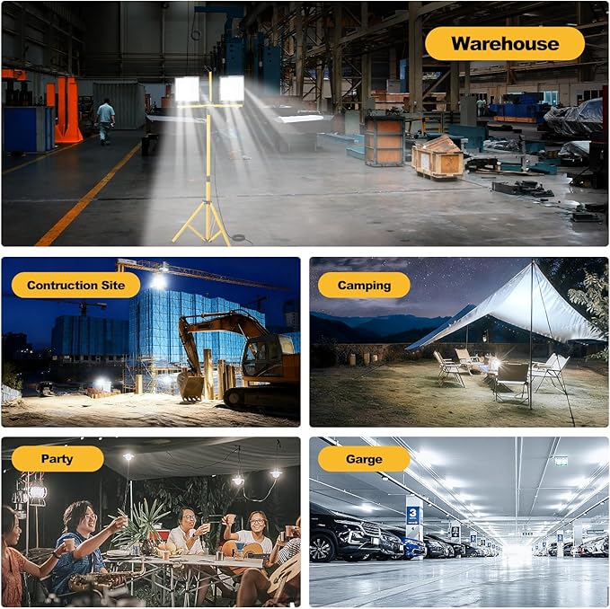 30000 Lumen LED Work Light with Stand, 2-Head Adjustable Work Lights with 16.5FT Extended Cord, IP65 Waterproof Work Lamp for Indoor & Outdoor Job Sites, Workshops, Construction, Garage Lighting