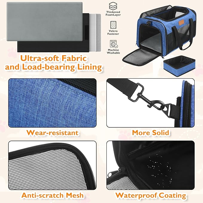 PETUX Cat Travel Carrier with Litter Box - 17"x11"x9.5", TSA Airline Approved, Underseat, Soft Sided Pet Carrier for Small Cats Under 12 lb with Safety Zipper, Anti-Scratch Mesh - Blue
