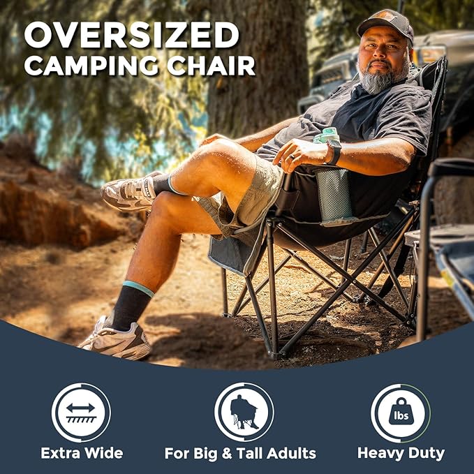 Oversized Folding Camping Chair for Adults Heavy Duty Padded Outdoor Chairs Big and Tall XL Picnic Chair with Cup Holders 400lb Capacity, Comfy for Lawn Sports and Outside Use